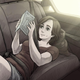 A younger version of a character lies on the backseat of a car.